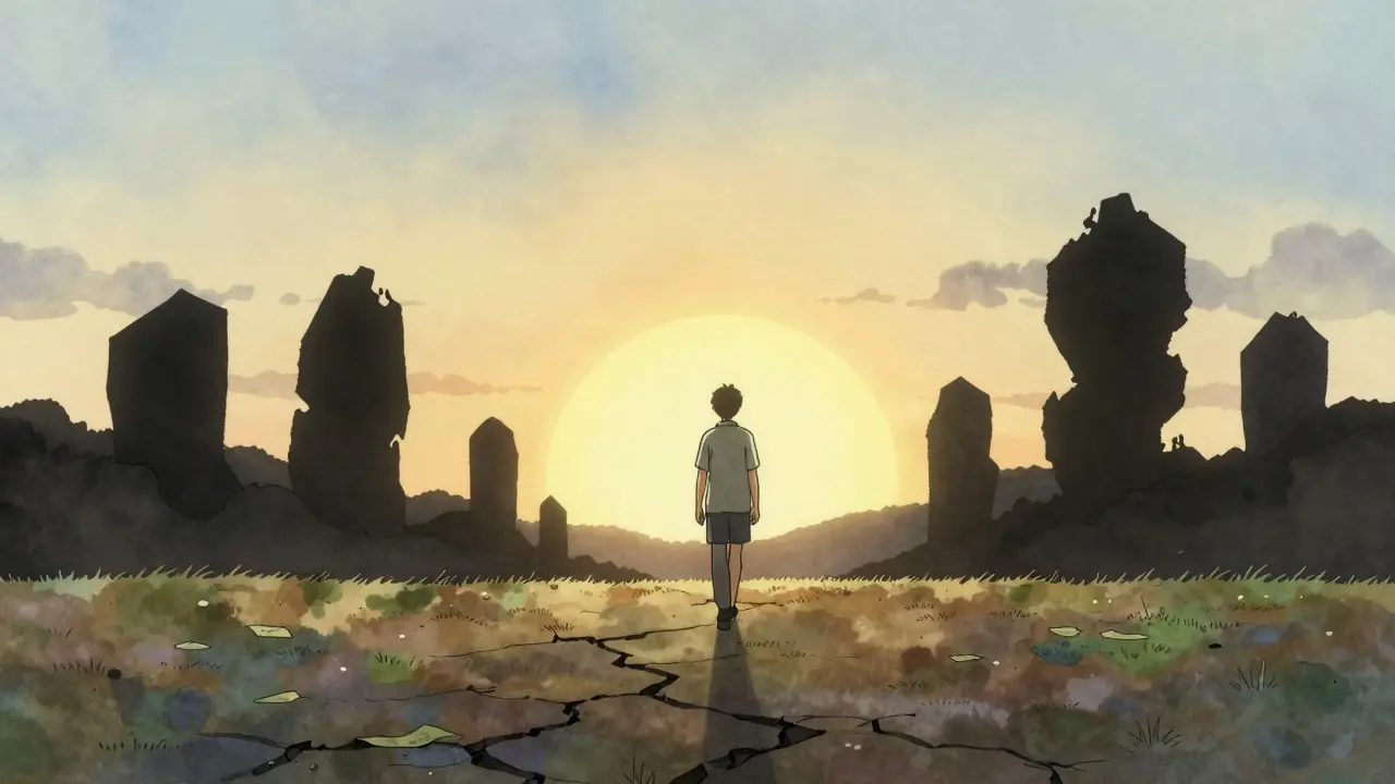 Person walking toward sunrise leaving dark shadows behind