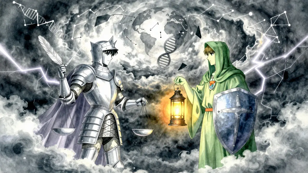 Two armored guardians facing off amidst storm clouds, balancing scales and lanterns.