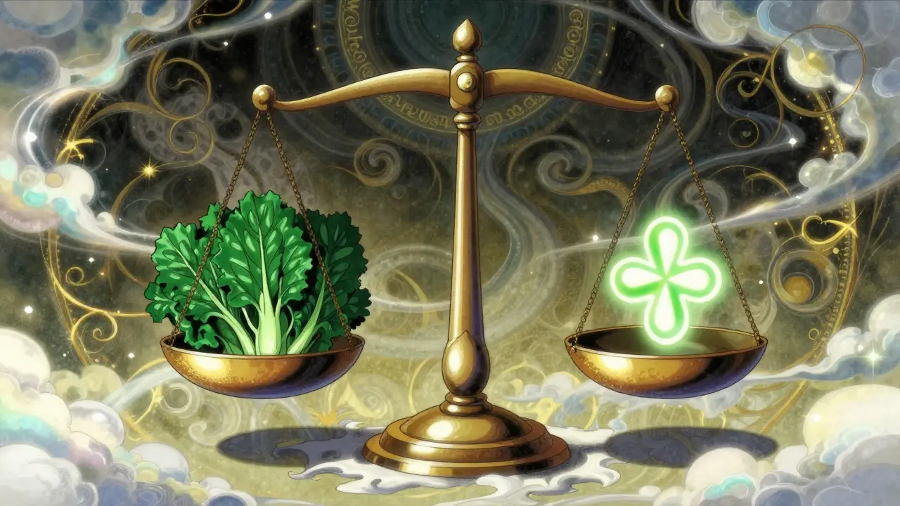 A stylized scale balancing leafy greens and medicine in a dreamlike, celestial void.