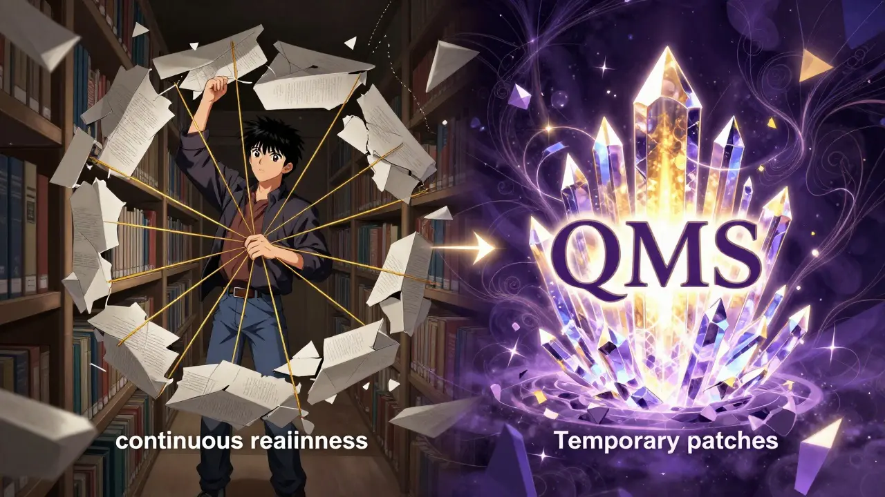 A symbolic contrast between fragmented paper records and a luminous digital quality system.