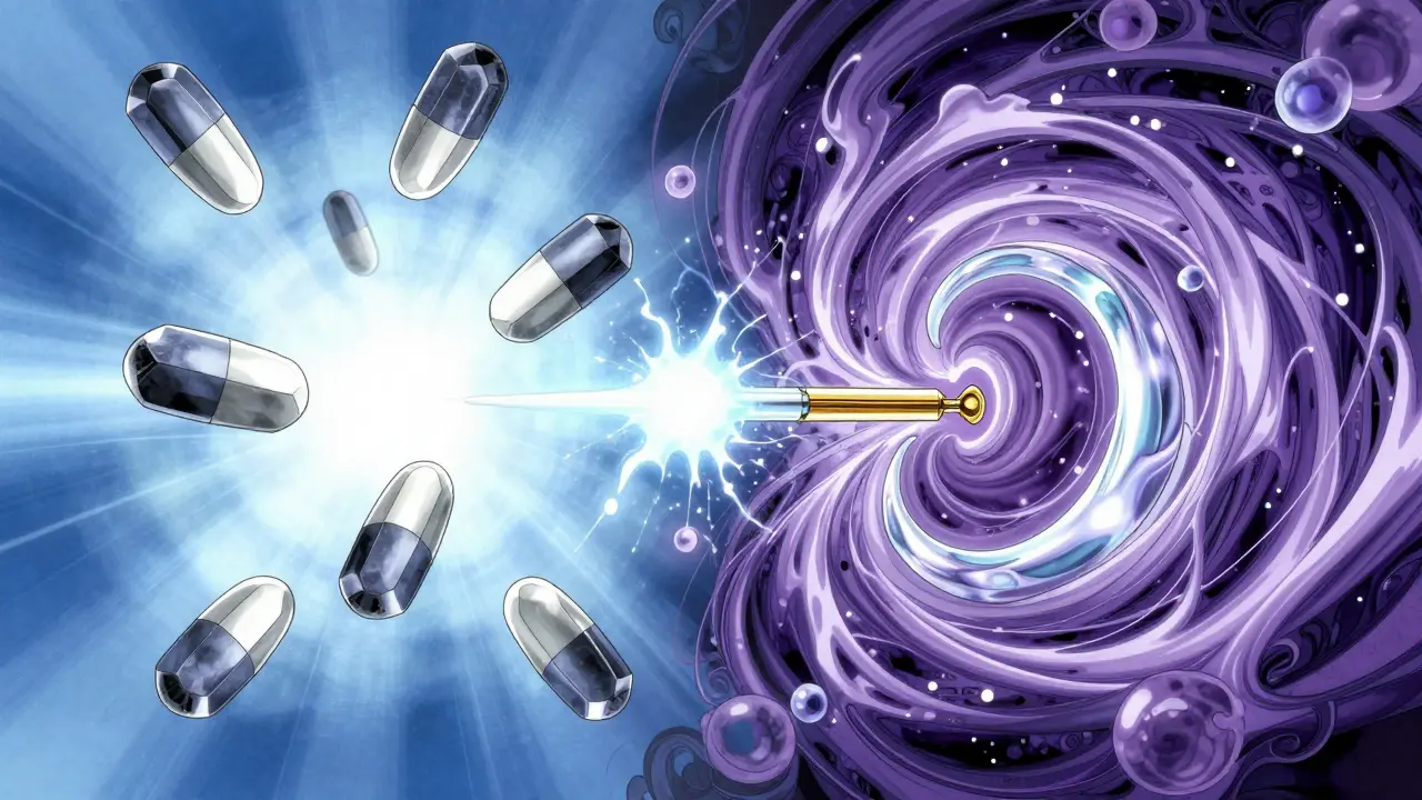 Abstract clash between geometric pills and organic pearlescent liquid swirls