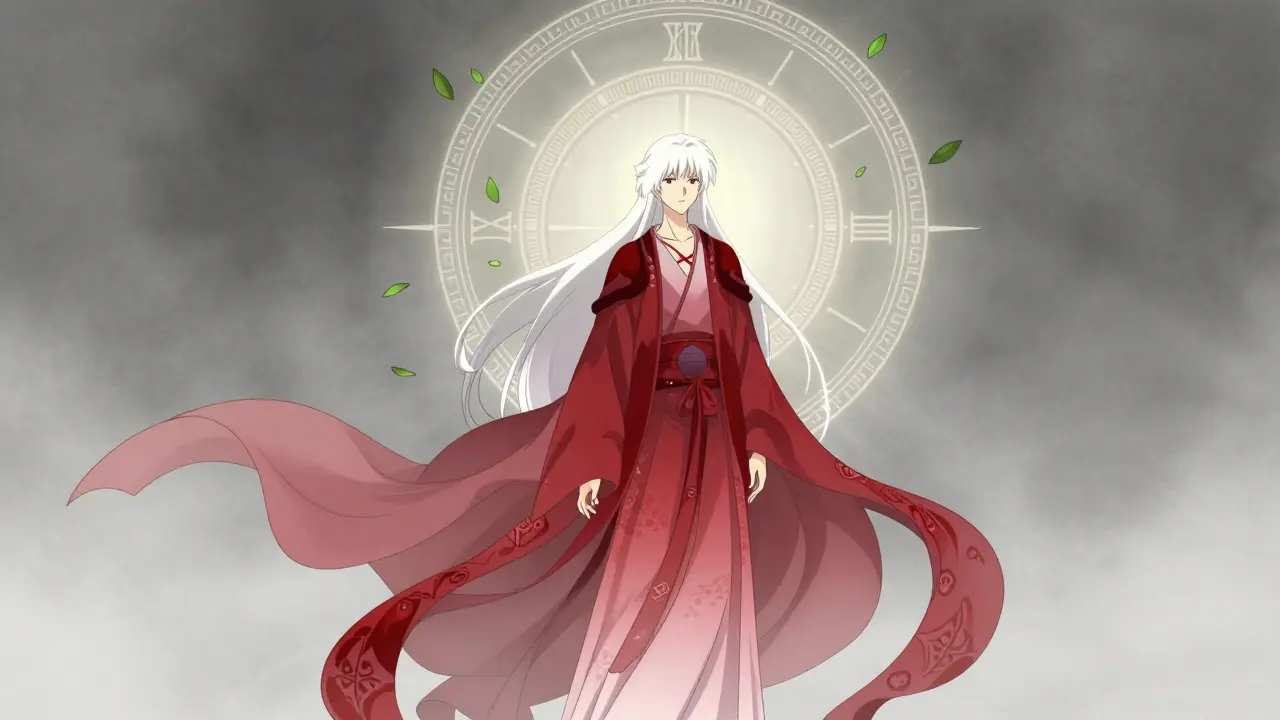 An ethereal figure surrounded by rhythmic patterns and green leaves, symbolizing health stability.