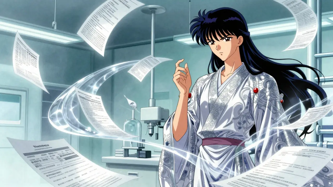 An investigator examining a sterile manufacturing area with floating records in a dreamlike style.