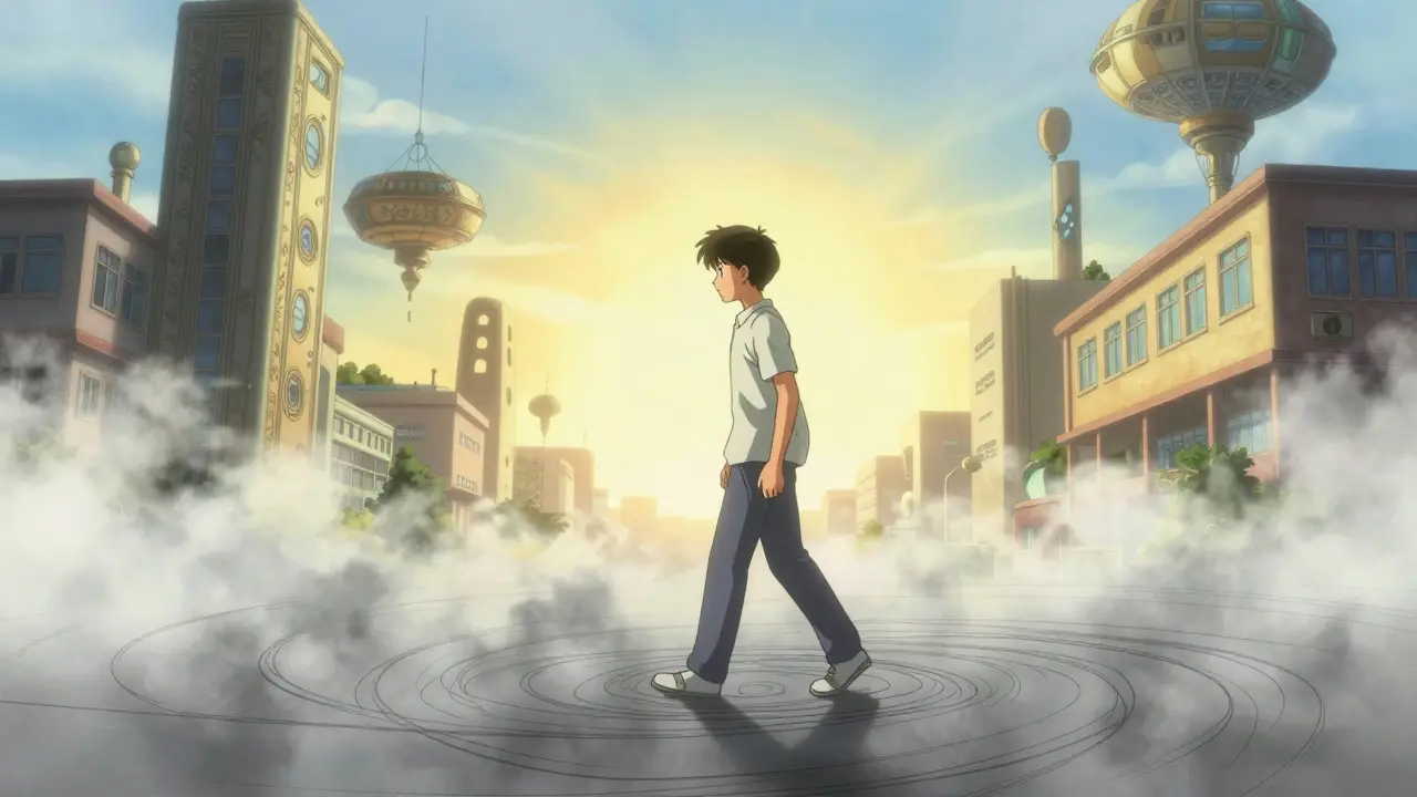 Anime illustration of a person stepping out of chaos toward a luminous future and educational goals.
