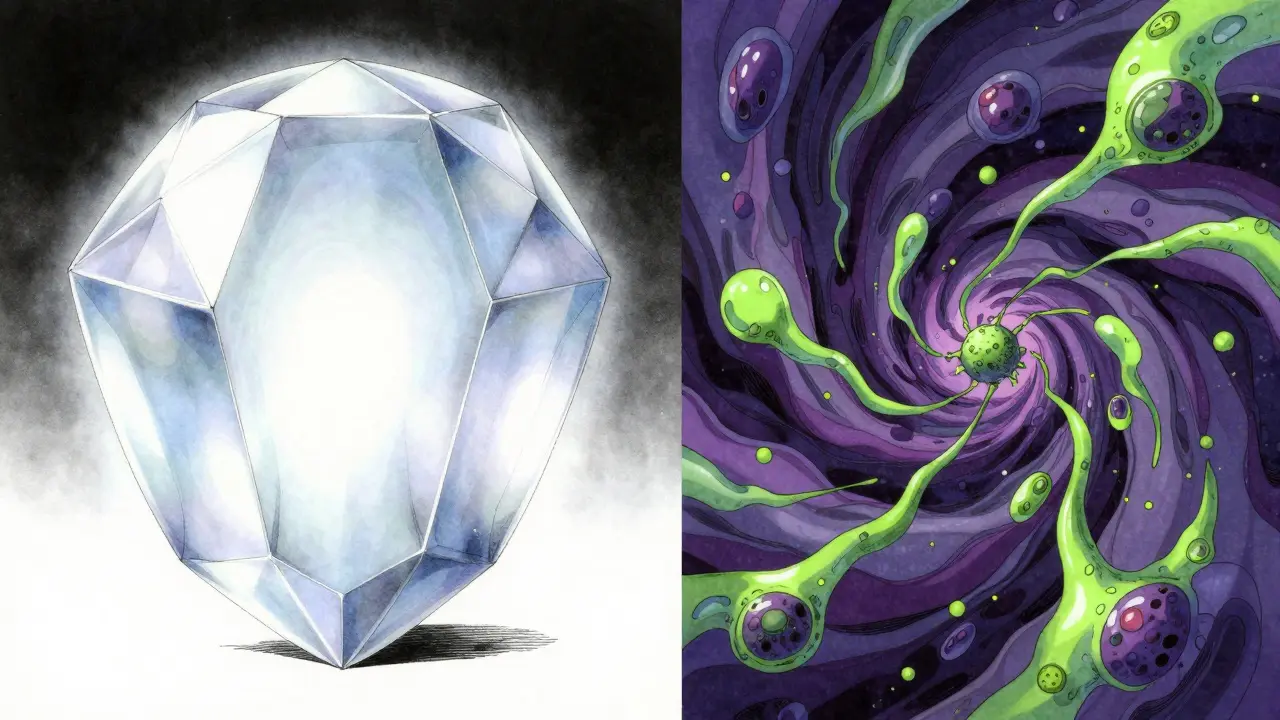 Contrast between a stable crystalline tablet and a volatile swirling liquid medication.