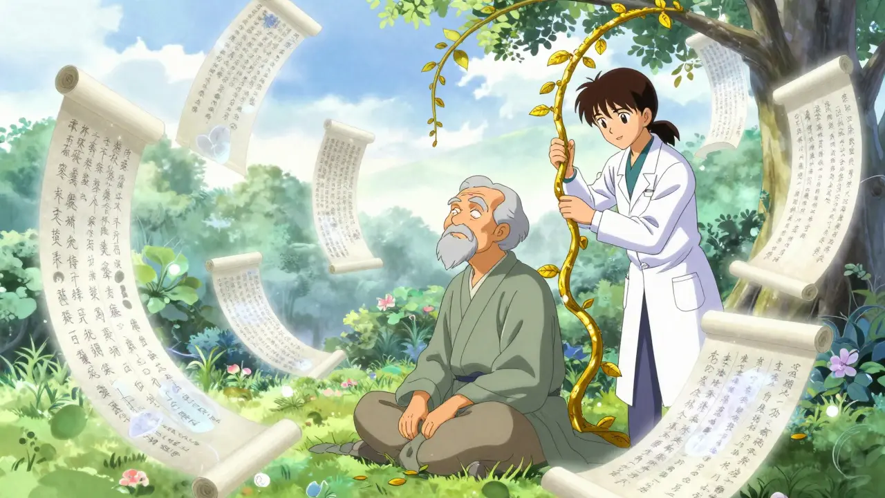 Elderly person and a healthcare provider in a dreamlike garden with floating medicine lists.