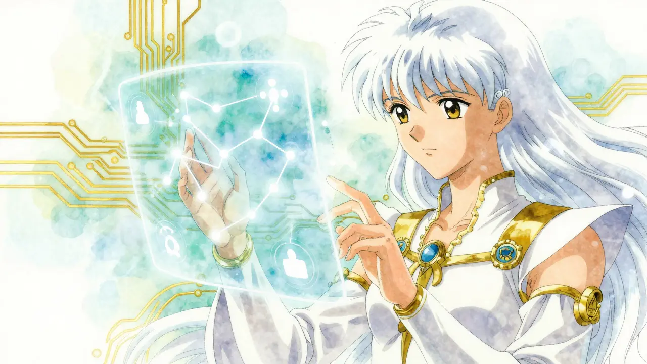 Ethereal anime depiction of a person using a mystical digital healthcare interface.