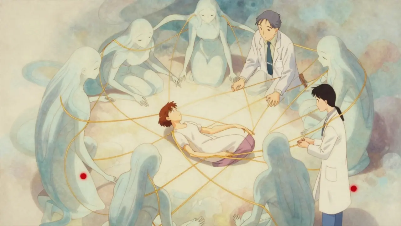 Ethereal painting of a person supported by guardian-like spirits symbolizing a multidisciplinary care team.