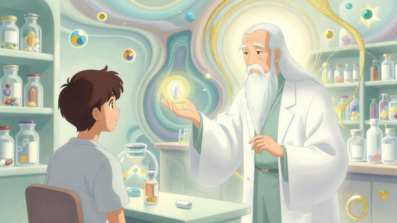 Ethereal pharmacist guiding a patient toward a glowing pill in a surreal pharmacy setting.