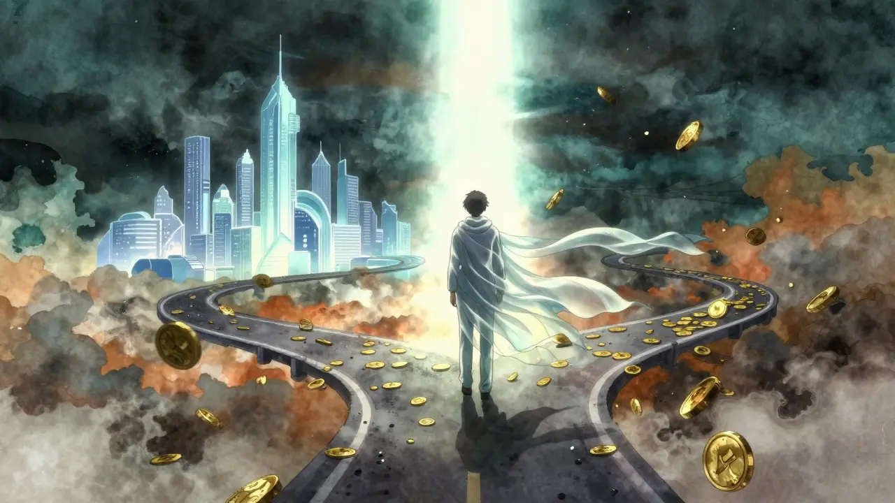 Figure in flowing robes standing between a golden city and a stormy path of coins