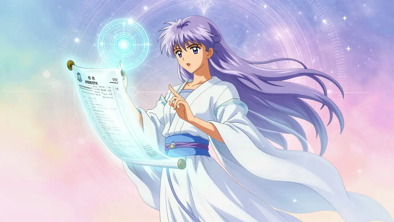 Graceful figure with a glowing holographic scroll and celestial seal in an otherworldly setting.