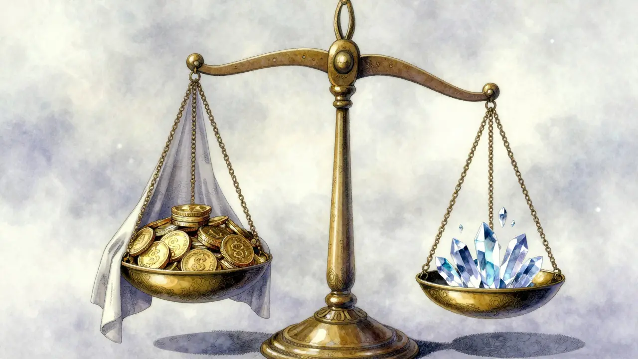 Ornate floating scales comparing heavy gold coins and light crystals in a surreal mist.