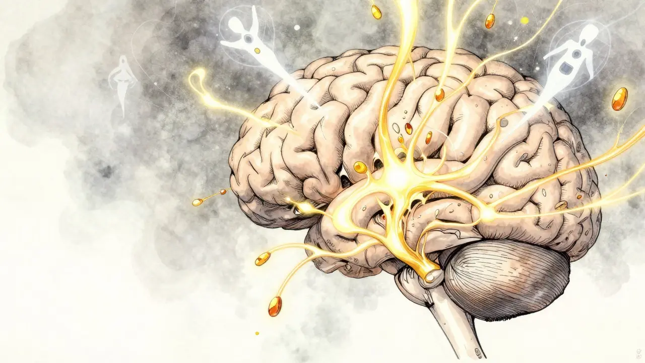 Stylized brain with glowing golden filaments representing the biological release of dopamine.