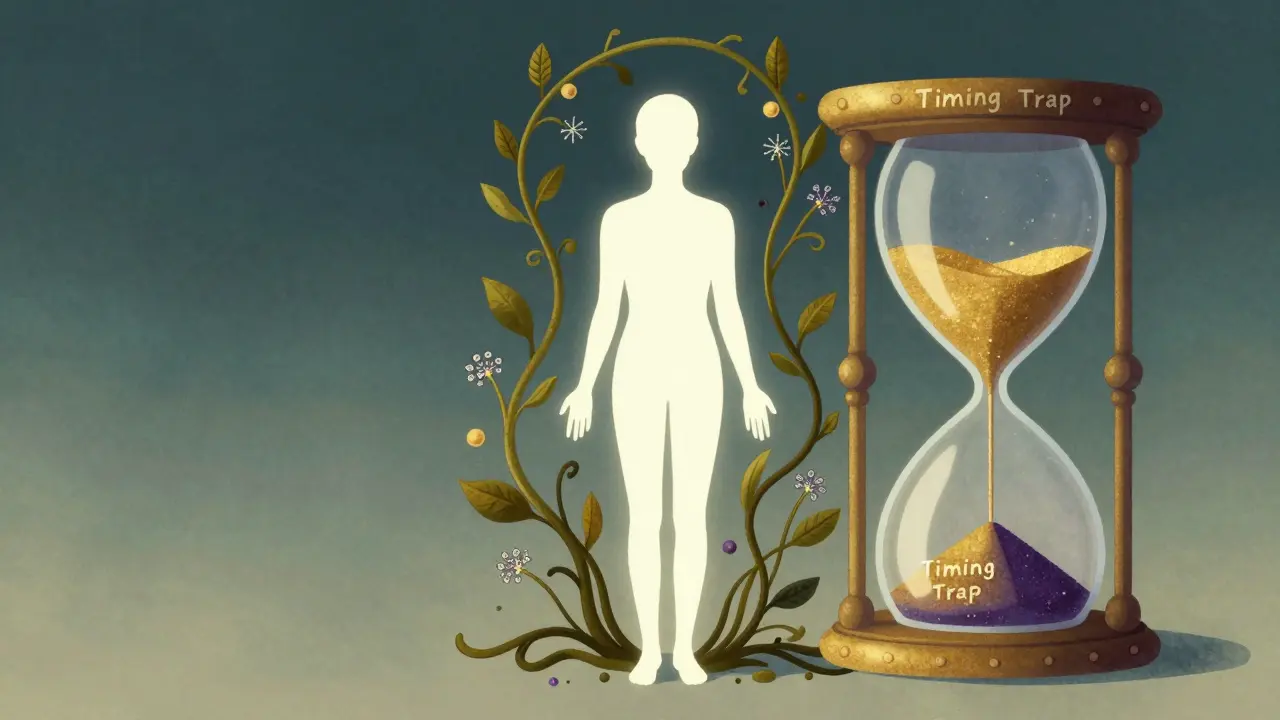 Stylized silhouette surrounded by botanical vines and a glowing hourglass representing supplement timing.