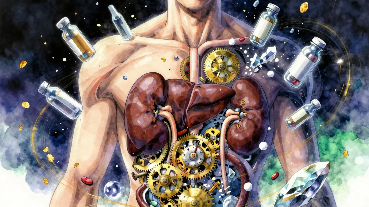 Surreal depiction of internal organs as clockwork surrounded by medicine vials in Amano style.