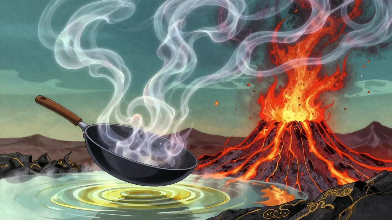 Surreal representation of oil reaching its smoke point with iridescent smoke and fire.