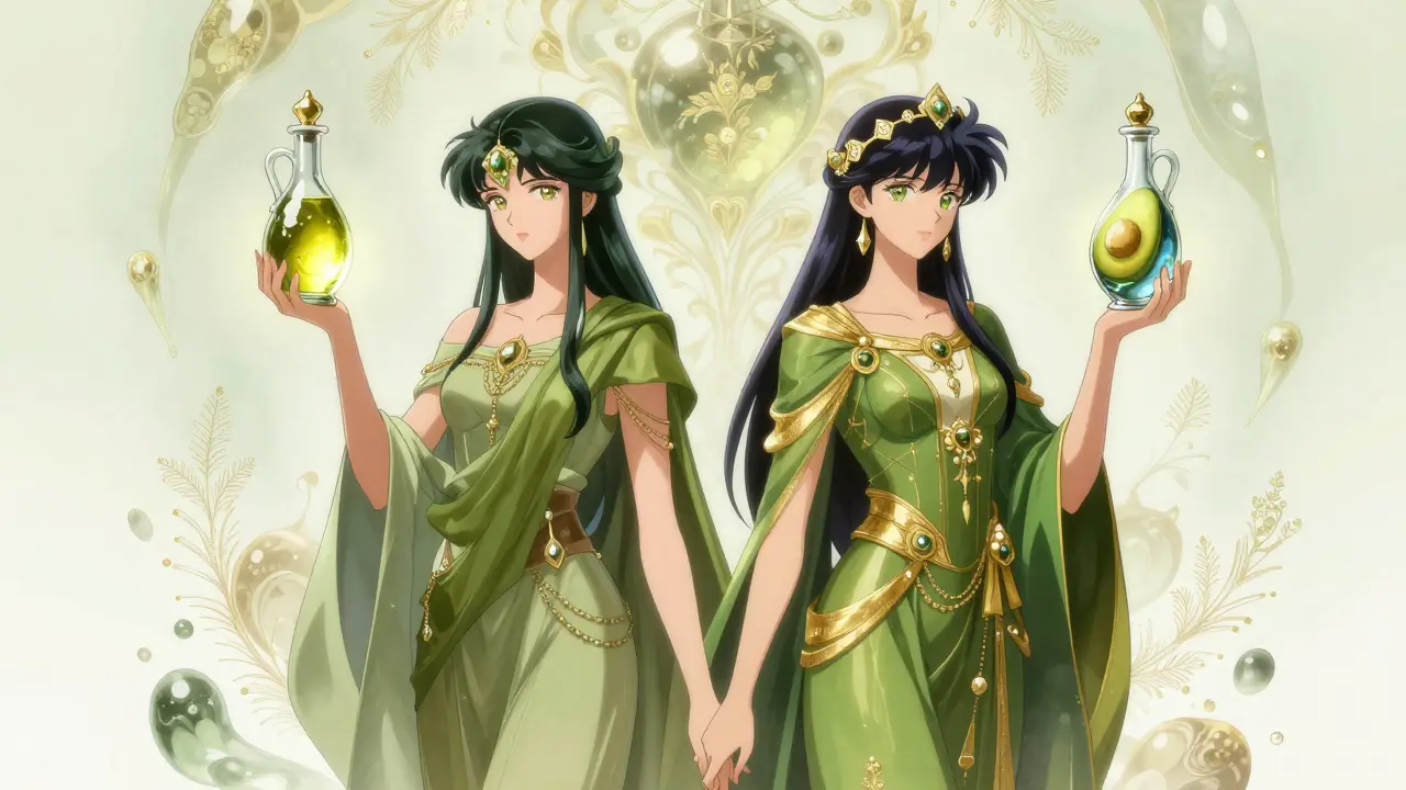 Two celestial guardians representing olive and avocado oils in an ornate, artistic style.