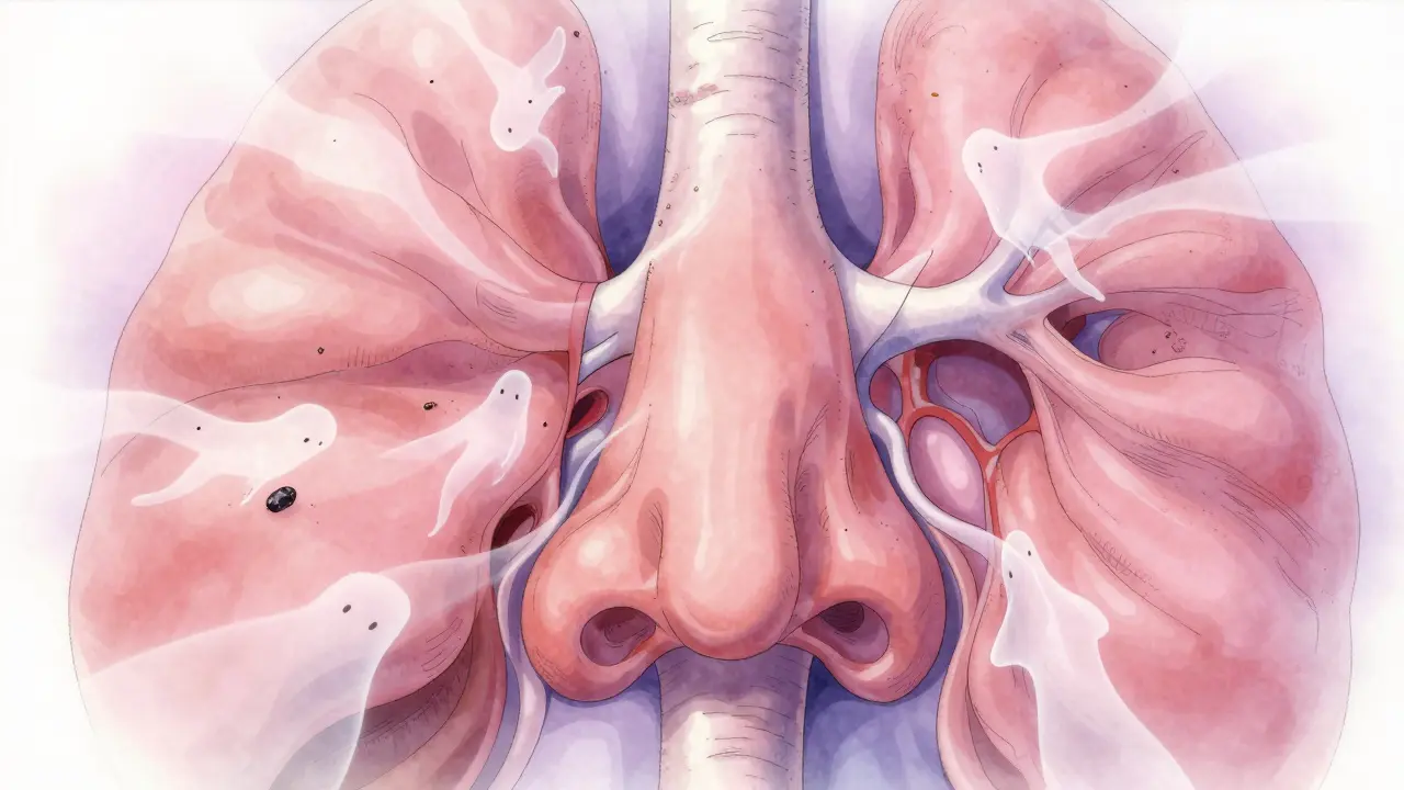 Abstract art showing swollen sinus cavities and floating allergens in an ethereal, delicate style.