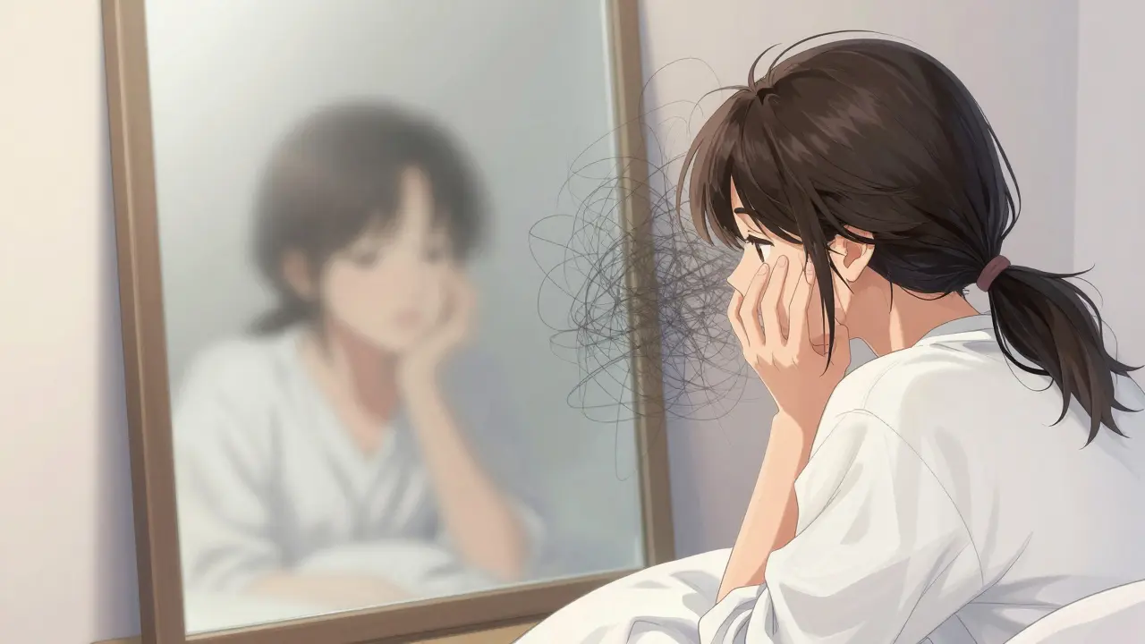 Anime character with a hazy, distorted mirror reflection representing next-day brain fog.