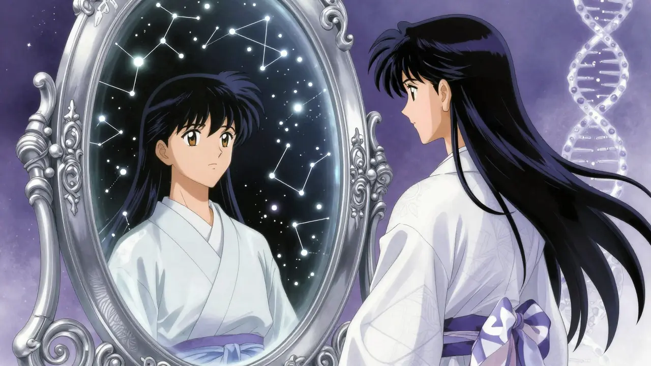 Anime figure viewing a genetic map reflection in an ornate mirror