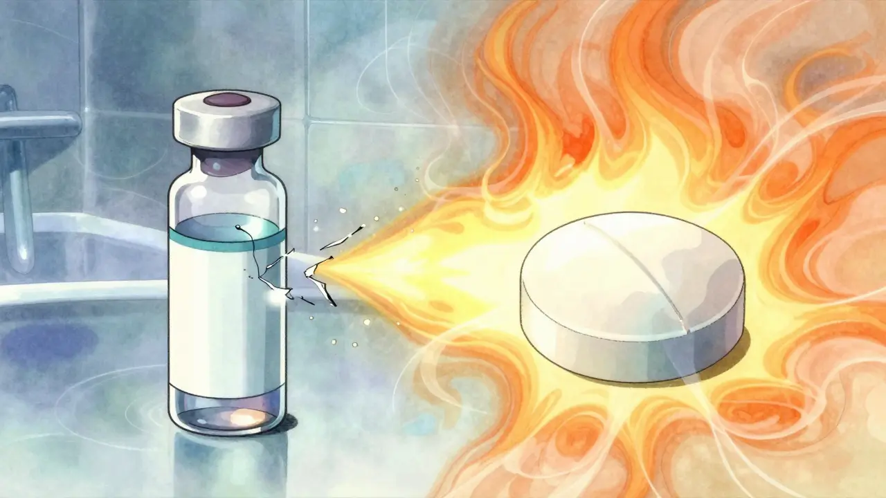 Conceptual anime art showing fragile liquid meds shattering vs stable solid tablets fading.