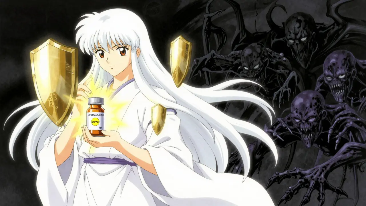 Dark fantasy anime contrasting safe meds with shadowy scam threats