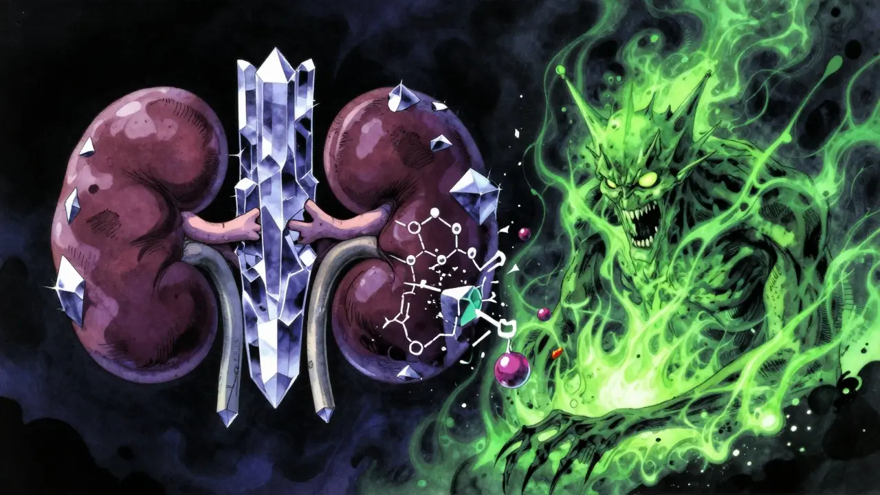 Dark fantasy art depicting toxic chemical breakdowns of expired tetracycline and clindamycin.