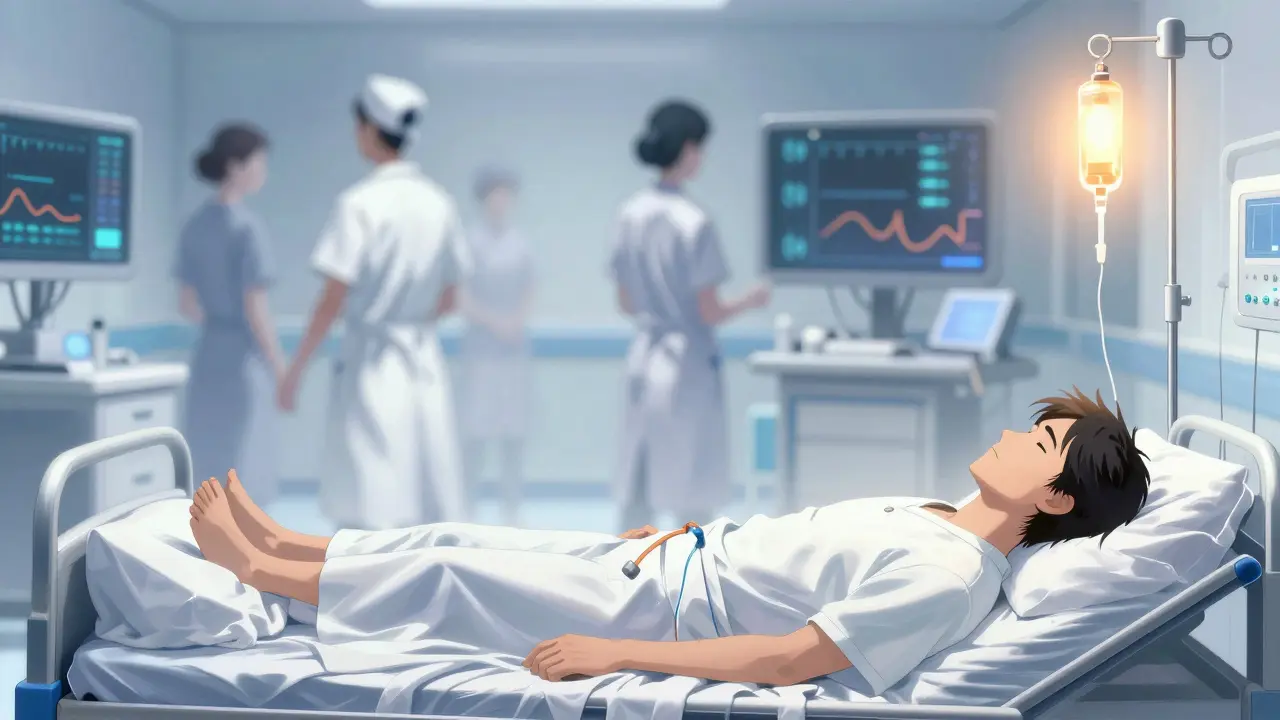 Dreamlike anime scene of a patient receiving IV therapy under careful monitoring