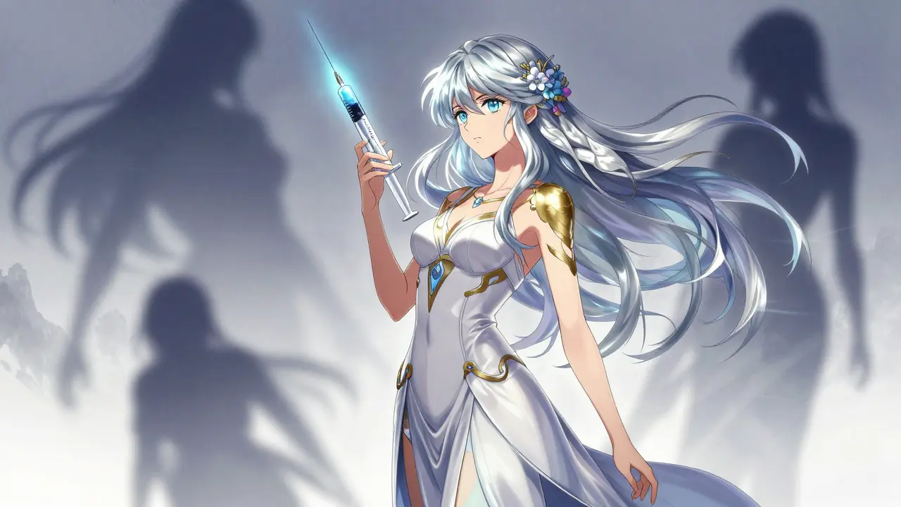 Ethereal anime-style woman holding a glowing syringe, symbolizing treatment and metabolic balance.