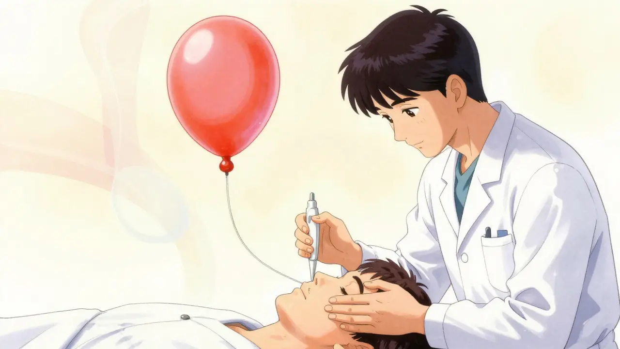 Ethereal illustration of a medical procedure opening sinus pathways with soft, healing light.
