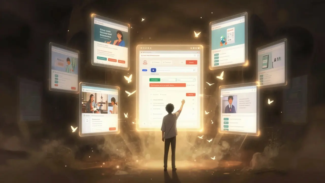 Figure choosing safe online pharmacy from glowing digital options