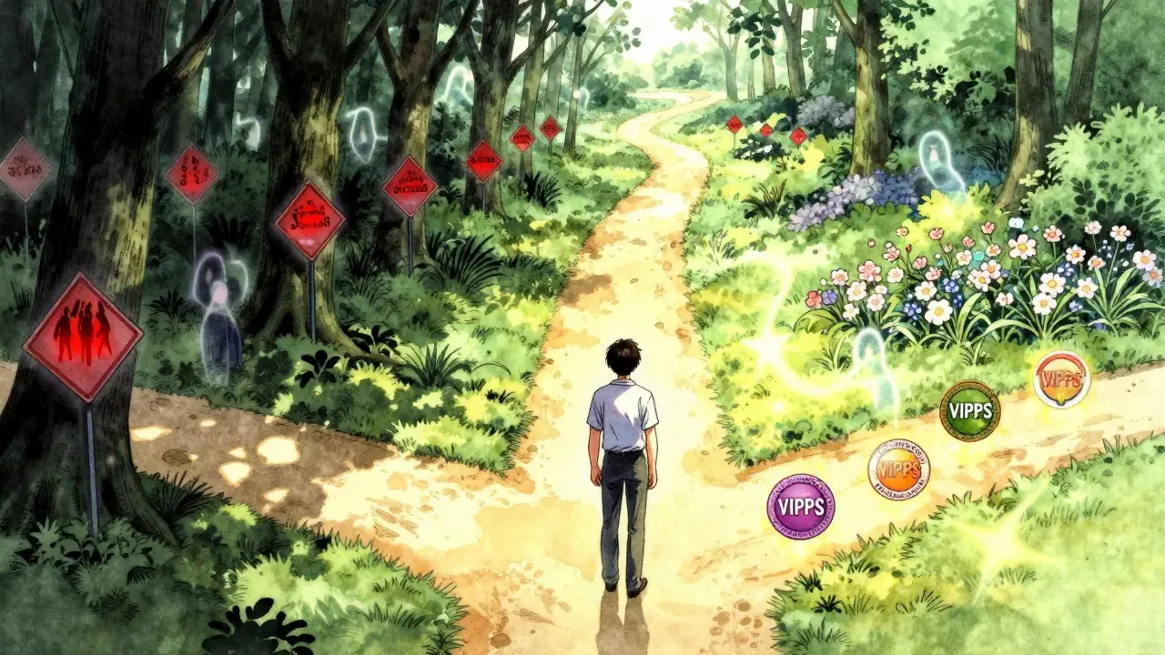 Figure choosing safe path vs dangerous scam shadows