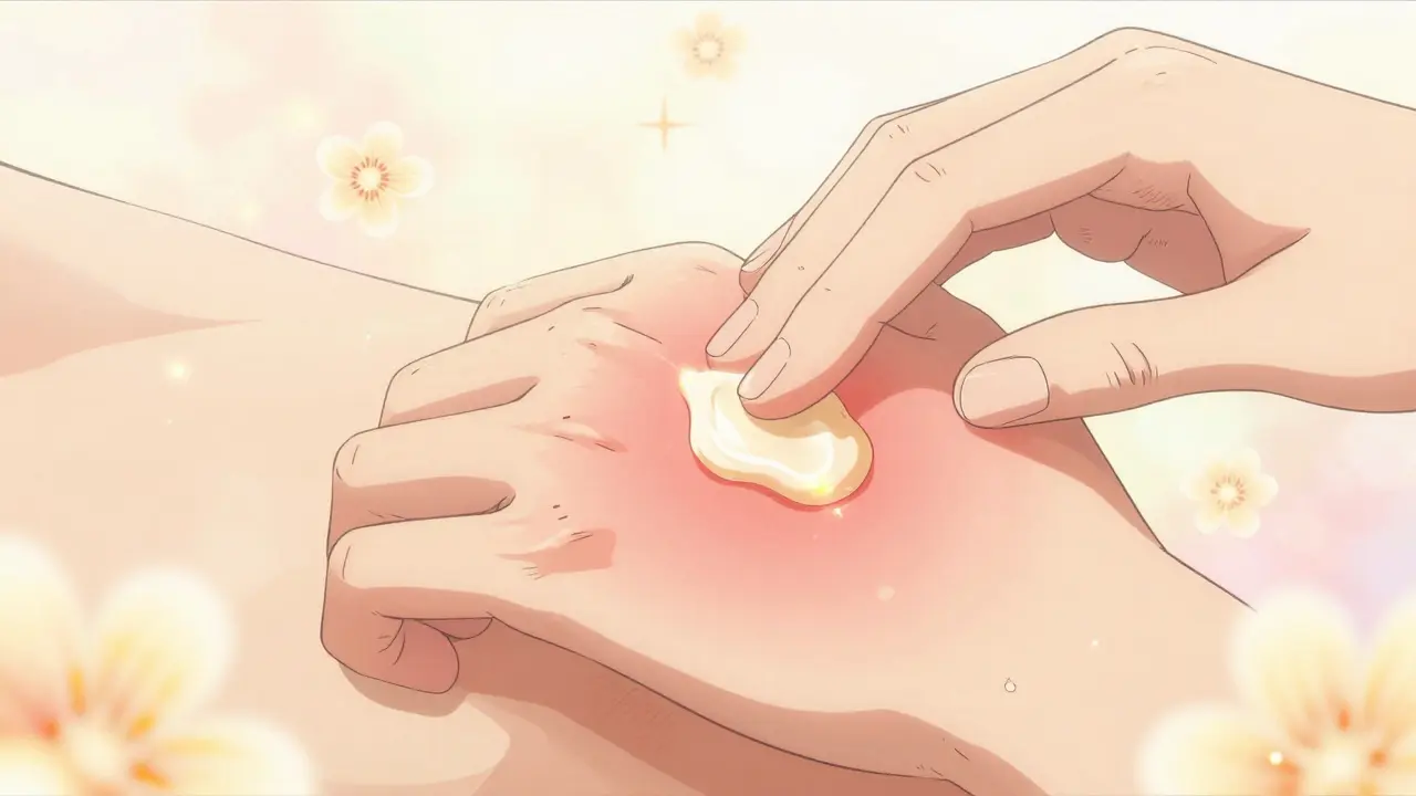 Hand applying healing cream with floral motifs in ethereal anime style