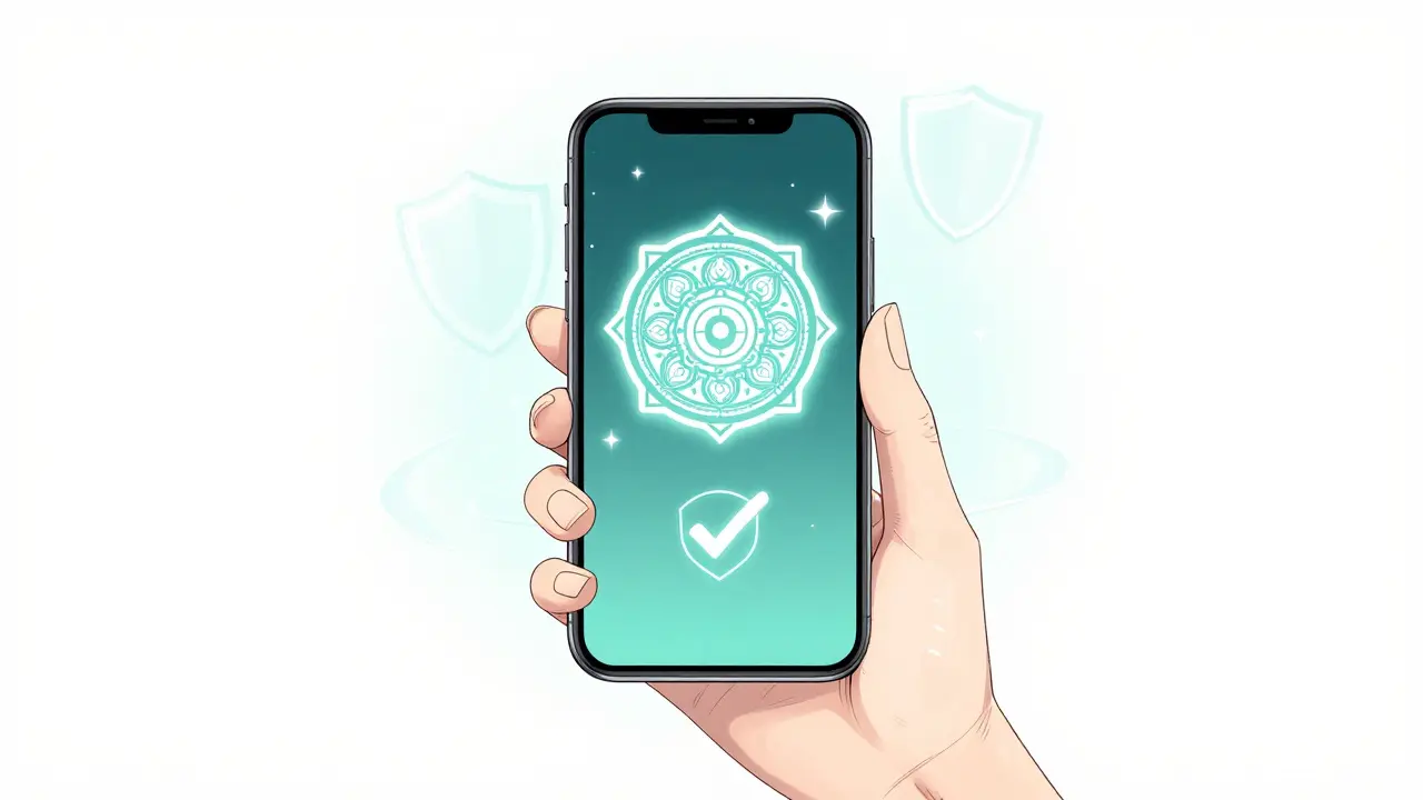 Hand holding phone with a glowing safety seal above it