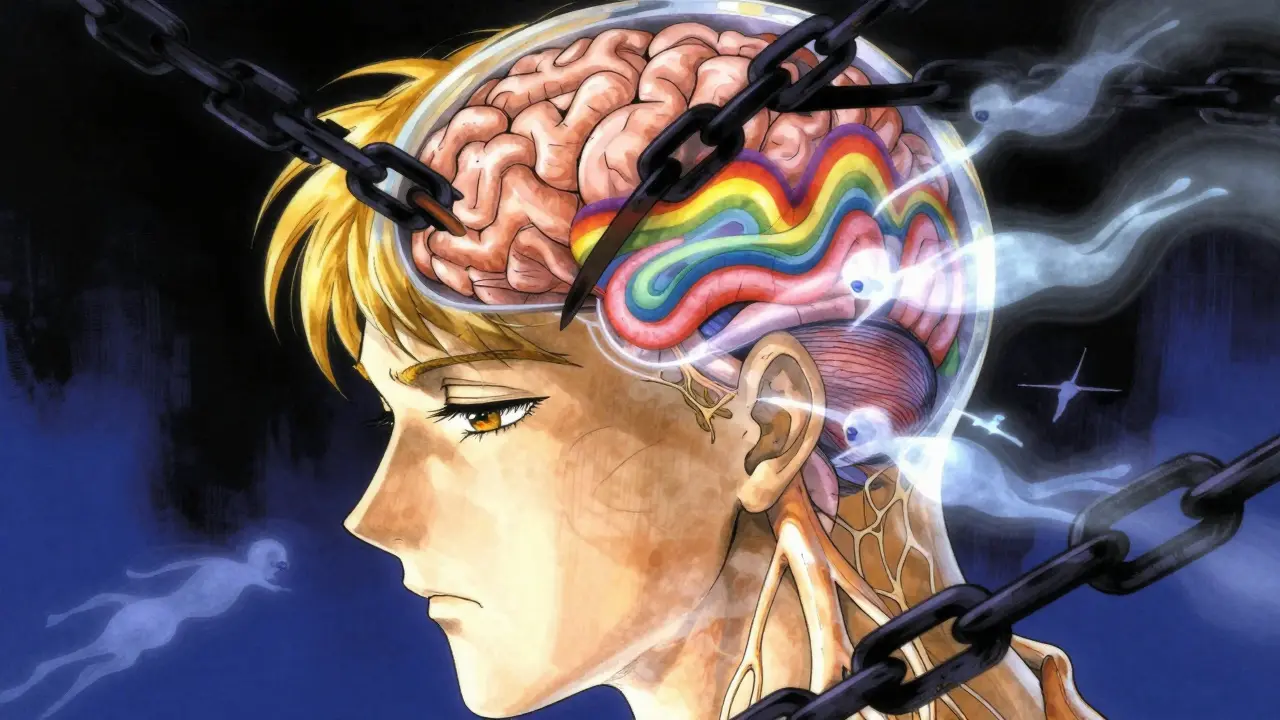 Manga-style illustration showing suppressed REM sleep as dark shadows over the brain.