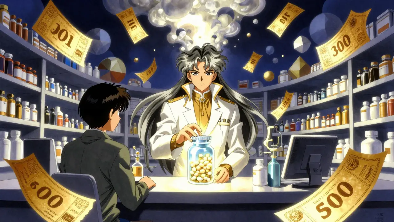 Pharmacist handing glowing medicine with floating coupons