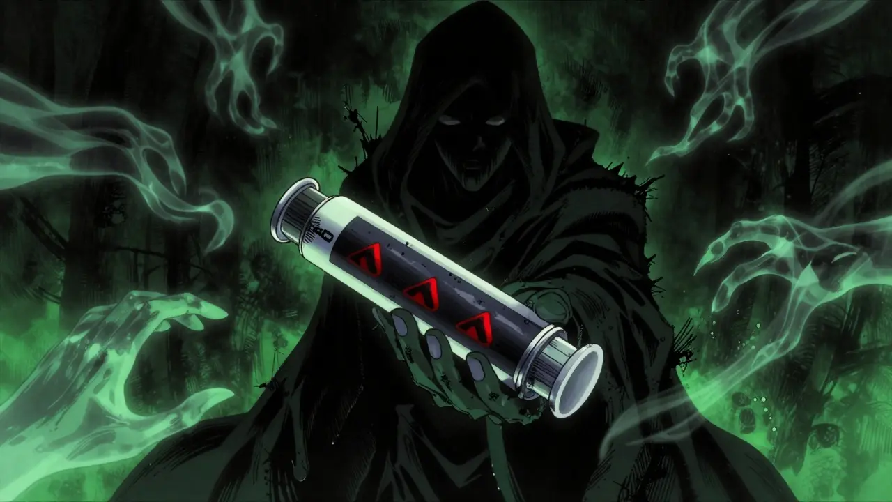 Shadowy figure offering corrupted medicine in dark anime art style