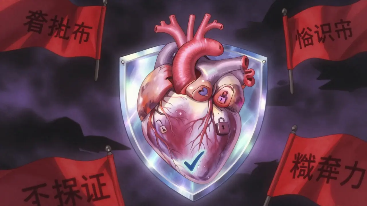 Stylized heart protected by a glowing shield against dark, jagged danger shadows