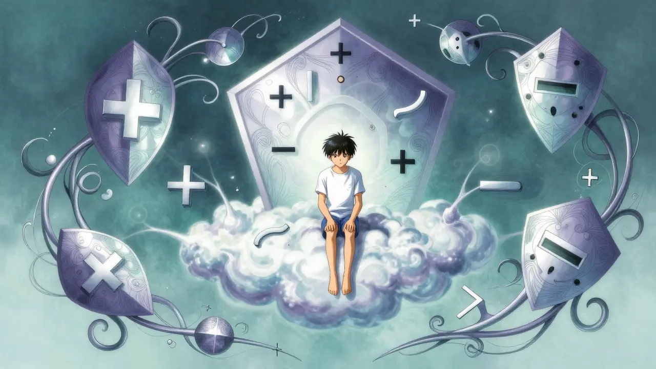 Stylized illustration of math symbols protecting a child patient