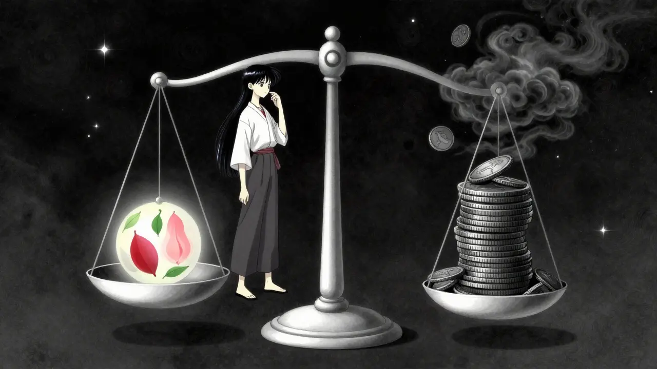 Symbolic art depicting a balance scale weighing health benefits against costs and side effects.