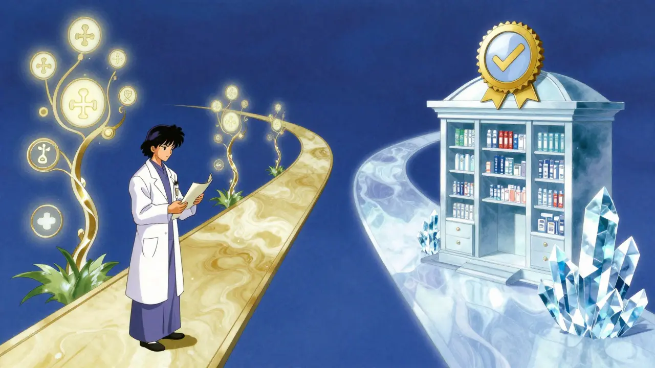 Two elegant paths diverging: one with a doctor, one with a secure pharmacy symbol