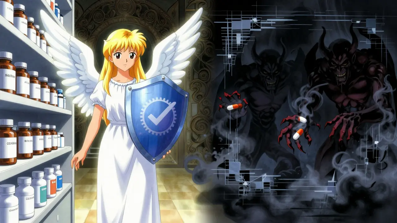 Angel guarding safe pharmacy vs demons of scams in Yoshitaka Amano style