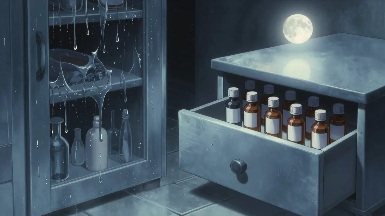 Anime style comparison of humid bathroom vs dry drawer for medicine storage