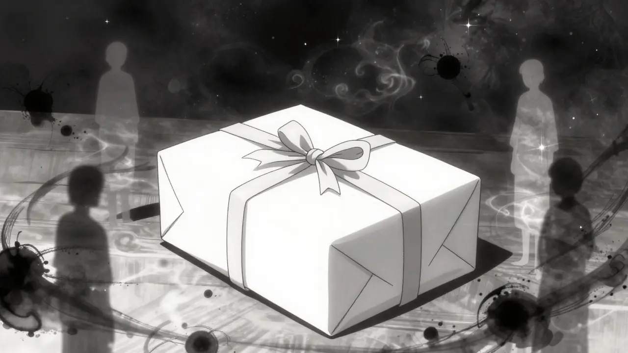 Artistic depiction of a discreet, plain package resting on a table, surrounded by protective shadows and abstract forms.