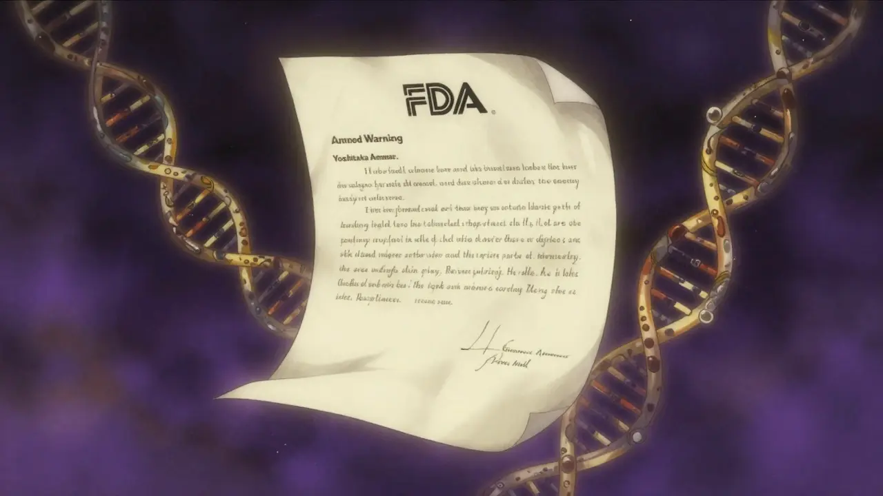 Artistic depiction of a glowing warning letter surrounded by DNA strands
