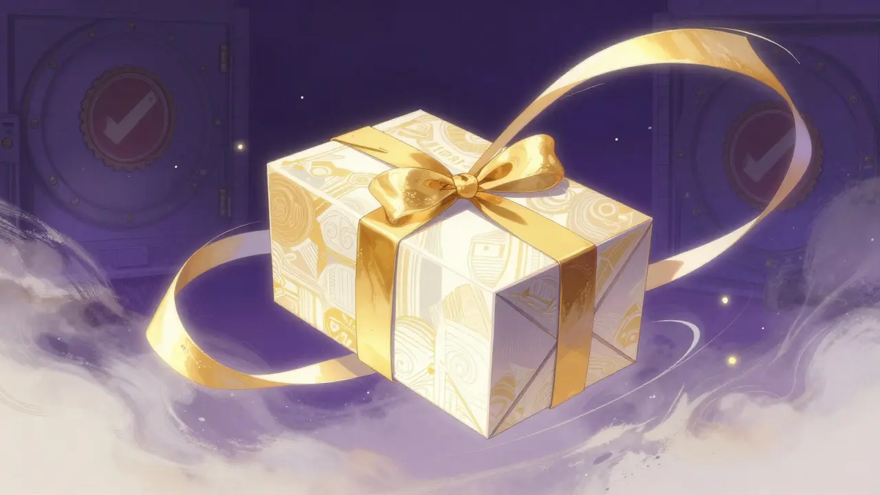 Artistic depiction of a secure medicine delivery package with floating ribbons
