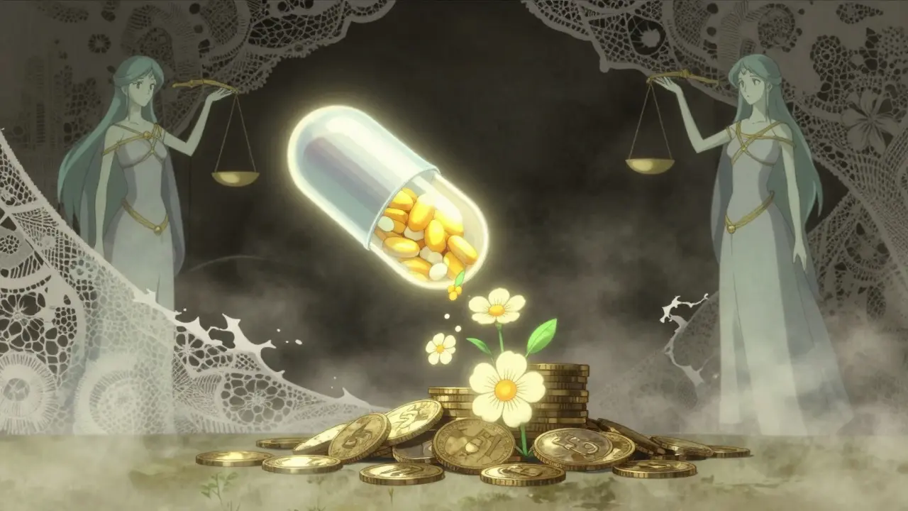 Conceptual art showing a pill transforming into flowers and coins for savings