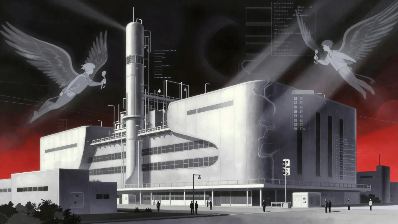 Ethereal anime illustration of a factory under regulatory inspection