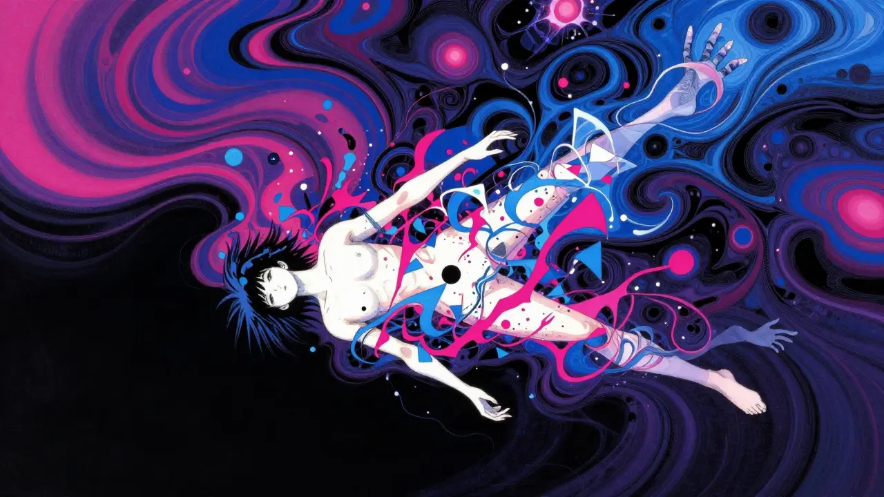 Figure dissolving into psychedelic colors representing drug dissociation