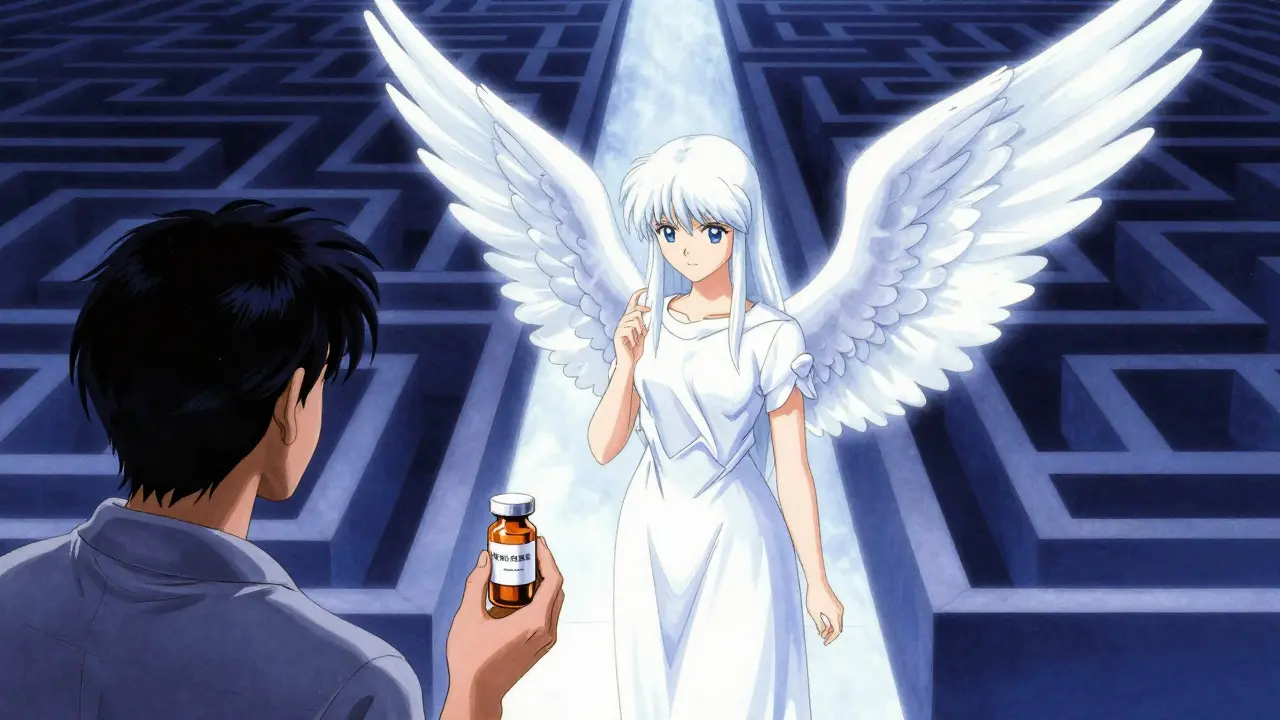 Guardian angel protecting patient with medication in dreamlike manga art